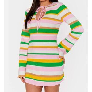 Show Me Your MUMU Away Mini Striped Rib Knit Sweater White Multi Dress Sz L NWT